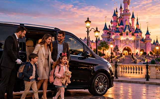 Famille accueillie par un chauffeur devant un van noir, avec un château de conte de fées en arrière-plan