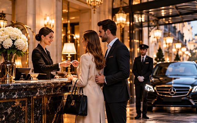 Réception d’un hôtel de luxe : des clients remettent leurs clés pendant qu’un chauffeur attend près d’une berline noire