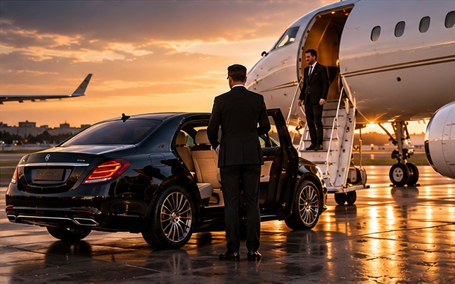 Chauffeur devant une berline noire à côté d’un jet privé au coucher du soleil