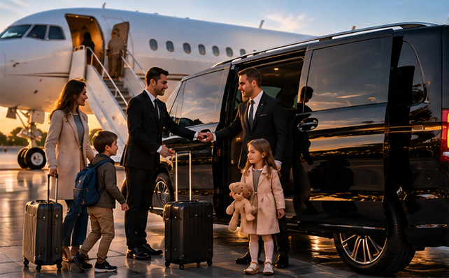 Famille accueillie par un chauffeur devant un van noir sur le tarmac
