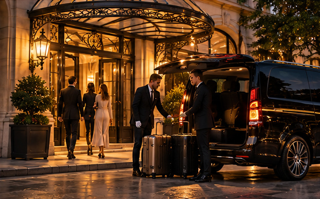 Chauffeurs et clients devant l’entrée d’un hôtel de luxe