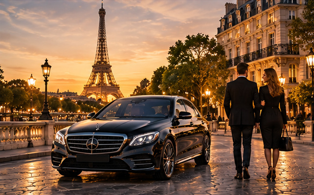 Berline noire et couple devant la tour Eiffel au coucher du soleil