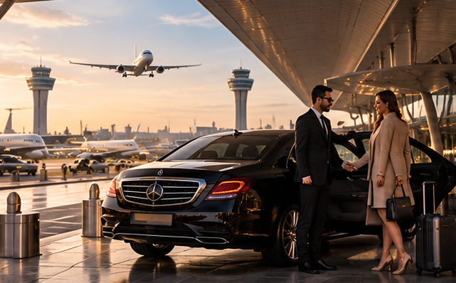 Chauffeur accueillant une cliente devant une berline noire à l’aéroport