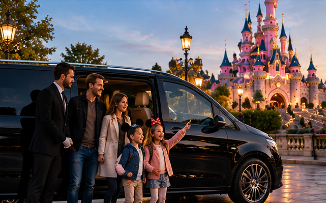Famille en van devant un château de conte de fées au coucher du soleil