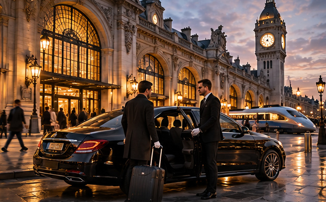 Chauffeur ouvrant la porte d’une berline devant une gare parisienne