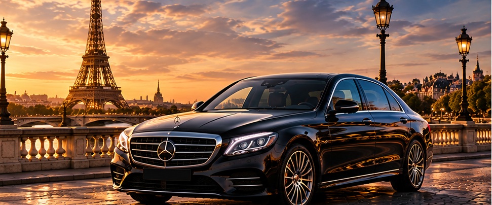 Mercedes Classe E noire devant la tour Eiffel