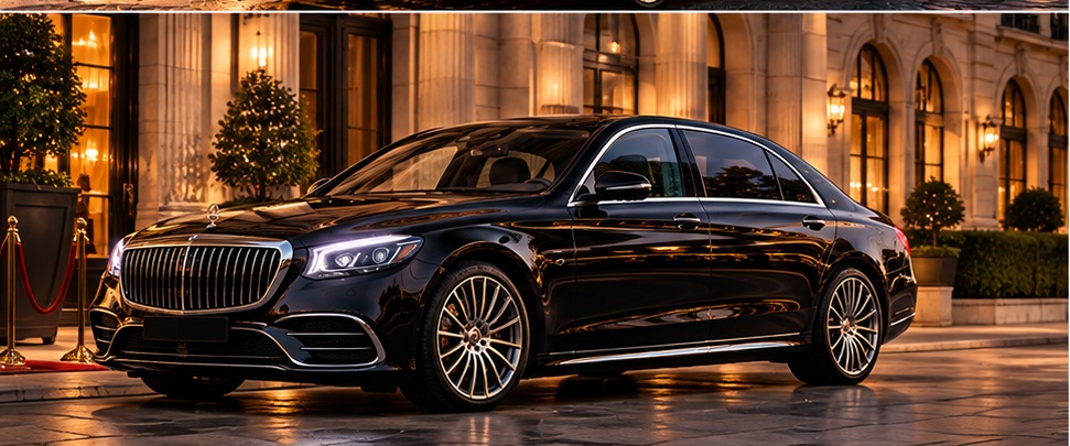 Mercedes Classe S noire devant un hôtel de luxe