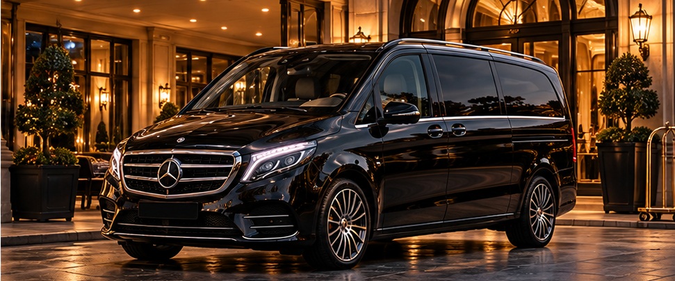 Mercedes Classe V noire devant un hôtel de luxe