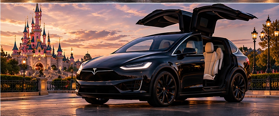 Tesla Model X noire devant un château de conte de fées